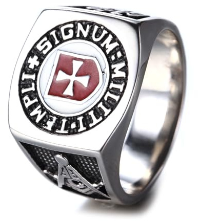 Anillo Sello Caballeros Templarios - MILITI TEMPLI SIGNUM Acero Inoxidable Anillo Cruz Cruzader York Rite Masónico para Masones