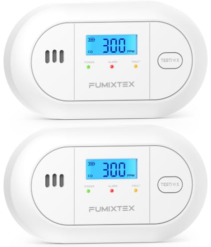 FUMIXTEX Carbon Monoxide Detector with LCD Display,CO Alarms Replaceable Battery Powered,10 Year Sensor Life Portable CO Detectors for Travel,2 PCS
