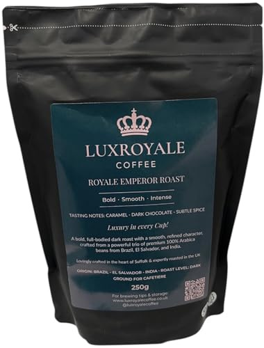 LuxRoyale Coffee Emperor Roast – Luxury Dark Roast Ground Coffee, Premium 100% Arabica, Rich Caramel & Dark Chocolate Notes 250g resealable pouch
