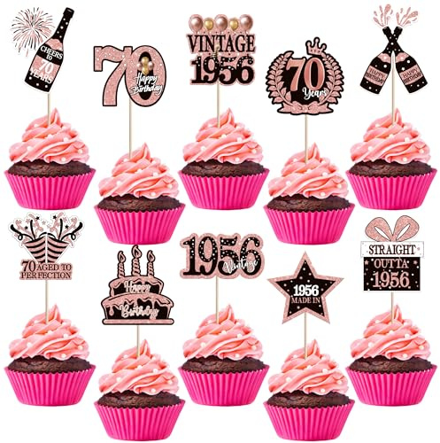 SYKYCTCY 40 Pack Happy 70th Birthday Cupcake Toppers Glitter Seventy Vintage 1956 Cupcake Picks Cheers to 70 Years Decorations for Happy 70th Birthday Party Cake Decor Supplies