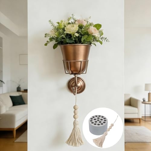 WRYLCYH Vaso da parete in metallo con gancio, supporto per piante da parete per interni ed esterni, per fiori vivi o artificiali, decorazione da parete salvaspazio con supporto per stelo e ciondolo a