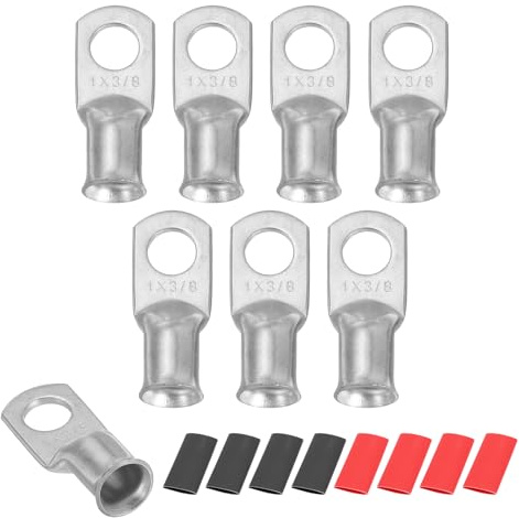 sourcing map 8pcs 1AWG M10 Battery Lugs Ring Terminals 3/8 10mm,Silver | Copper Connector End,Stud Crimp Wire Terminal,2:1 Heat Shrink Tubing, Silver