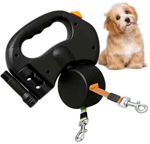 BAIFULAI Guinzaglio retrattile per 2 cani, guinzaglio doppio da 3m per 2 cani con luce, estensibile, impugnatura antiscivolo, guinzaglio per cani di taglia piccola e media, nero