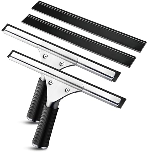 30cm Fensterabzieher Profi Set, 2X Abzieher und 2X Ersatzgummi in Schwarz, Edelstahl-Konstruktion für streifenfreie Reinigung von Glas, Spiegel und Fliesen in Bad, Küche und Auto