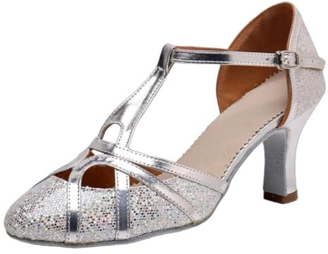 M&Catree Kvinnor Latin Dans Skor Stängd Toe Danssko Standard Hall Danssko Elegant Salsa Träning Sandaler, Silver häl 7 5 cm, 38 EU