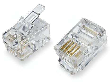 AmzPRO Spina modulare RJ9 4P4C, contatti placcati oro 50 micron, alloggiamento trasparente, connettore a crimpare per telefono e cavi per cuffie (confezione da 20, RJ9)