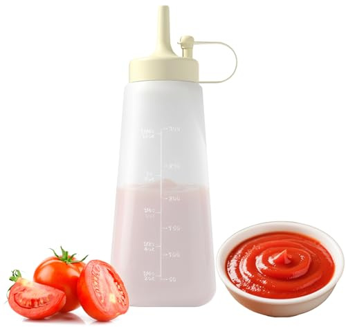 Dispensador de cocina – Botella de almacenamiento de alimentos de 300 ml para salsas, crema y miel, recipiente recargable con de cierre , punta de vertido controlada, herramienta de