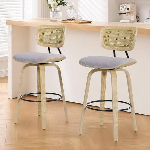 BERYTH 2er Set Barhocker mit Lehne, Barstuhl 360° Drehbar, Leinenbezug & Rattan-Rückenlehne, Massivholzbeine, Sitzhöhe 65 cm, Moderne Barstühle für Kücheninsel, Tresen, Café, Kneipe Esszimmer Grey