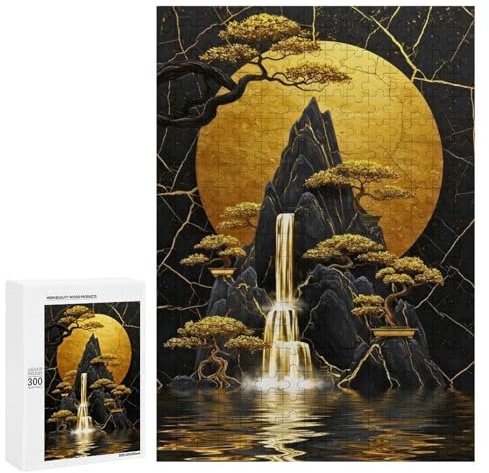 Golden Waterfall And Bonsai Trees, 300 PCS Wooden Brain Teaser for Adults, Winter Activity Gift, for Mindful Indoor Entertainment