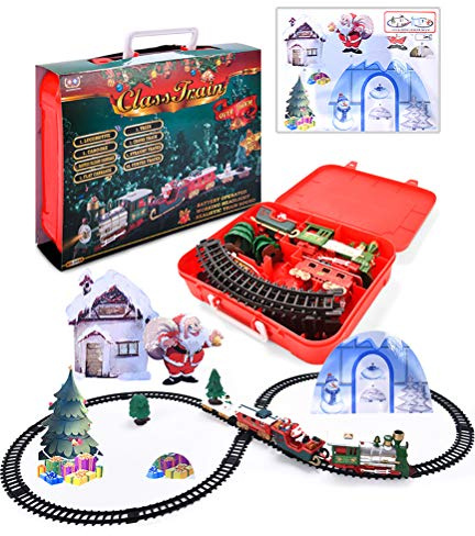 Hiraith Trenini Elettrici Natalizi Set Treni Natalizi a Batteria Trenini Musicali 4 Auto Luci Musica Giocattolo Colorato con Accessori per Binari per Bambini (multicolore)