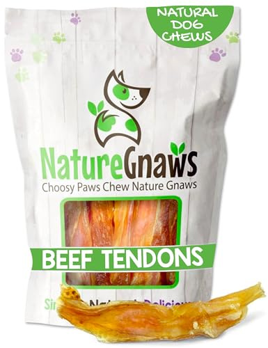 Nature Gnaws Beef Tendons for Dogs 4-5 (12 Count) - Mixed Thickness - Long Lasting for Small and Medium Dogs - Natural Beef Jerky Dog Chew Bones - Rawhide Free