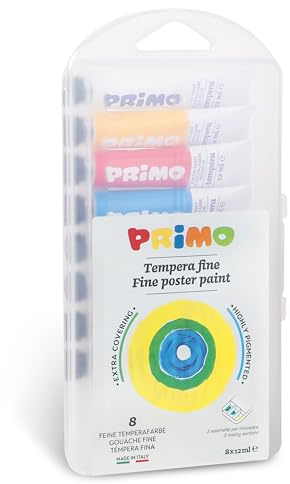 Primo – Temperafarben für Kinder ab 3 Jahren, 8 Tuben zu 12 ml, Wasserlösliche Farben für Kinder, Dichte Abdeckende, Feine Temperafarben für Stoffe, Papier, Glas, Kreative Arbeiten