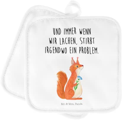 Mr. & Mrs. Panda 2er Set Topflappen Eichhörnchen Blume - Geschenk, Spruch positiv, Topfhandschuh, Topfhandschuhe, Topflappen Set, Topflappen mit