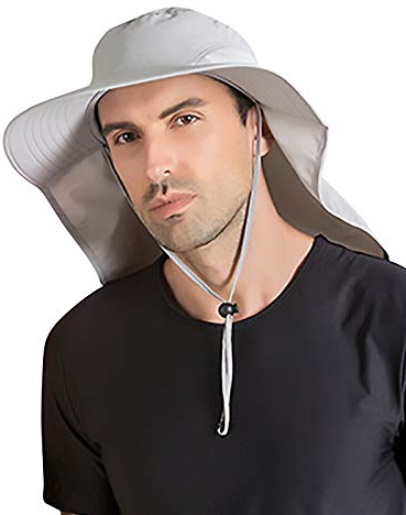 WANYING Unisex UV Schutz Sonnenhut mit 33cm Langem Nackenschutz 12cm Großer Krempe Hut für Outdoor Safari Angeln Camping Gartenarbeit - für Kopfumfang 56-60cm Einfarbig Hellgrau