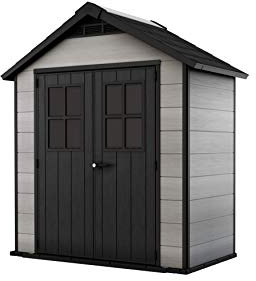 Keter Gerätehaus Oakland 754, Grau, 4,3m³, Außenmaße B/T/H: 229,6 x 124,8 x 253 cm, Duotech Struktur, wetterfest, Doppeltür, Oberlicht und Fenster, strapazierfähiger Schwerlastboden