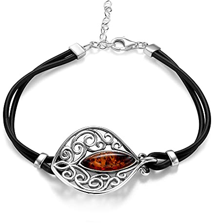 Copal Bracelet Femme Ambre Argent Sterling 925 Avec Longueur Réglable Et Cuirs