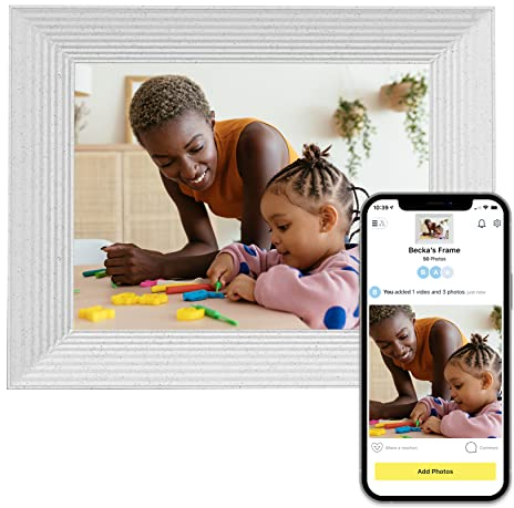 Aura Mason Intelligenter digitaler Bilderrahmen 9 Zoll HD WLAN Cloud Digitaler Fotorahmen, Kostenloser unbegrenzter Speicherplatz, Fotos von überall aus senden – White Quartz