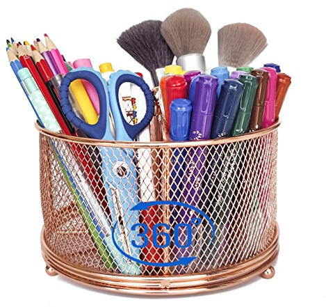 Schreibtisch Organizer aus Mode Durchbrochen drehbar Stifthalter Organizer Schreibtisch Aufbewahrung Make-up Pinselhalter für Büromaterial, Klassenzimmer Organisation (Roségold)