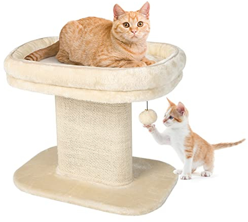 GOPLUS Arbre a Chat 2 Niveaux 60 x 42 x 50 CM en Bois Recouvert Peluche, Arbre à Chat avec Poteaux en Sisal, Nid Grand pour Couchage Confortable Supérieur, Boule Suspendue pour Chaton, Beige