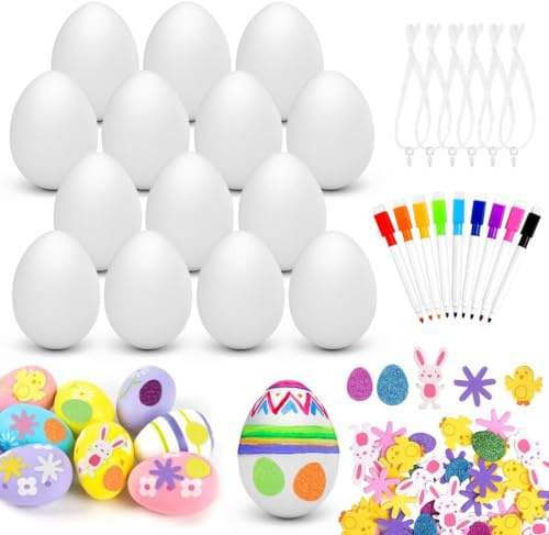 VEYLIN Easter Eggs Decorations Kit, 20PCS Plastic Easter Eggs with Rabbit Stickers Color Pen Easter Hanging Egg for Crafts Painting