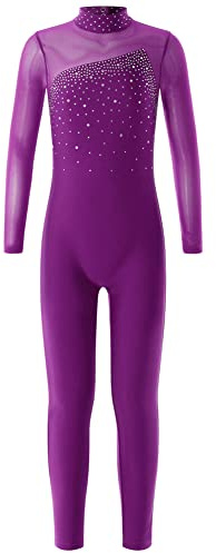 CHICTRY Turnanzug Ganzkörper Mädchen Langarm Voltigieranzug Lang Kinder Strass Glitzer Tanzbody Stehkragen Turntrikot Mesh Patchwork Sportbody Gymnastik Turn Outfit