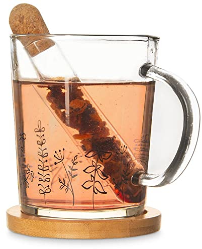 orion group Glasbecher Becher Teebecher Teeglas Kaffeetasse Teetasse mit Teesieb und Bambus-Untersetzer Pflanzenmotiv 3 El. 400 ml