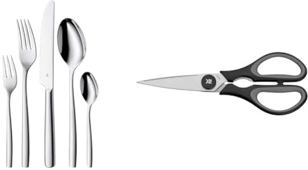WMF Palma Besteck Set 12 Personen, Essbesteck 60 teilig, Monobloc-Messer & Touch Küchenschere 21 cm, Haushaltsschere mit Sägeschliff, Schere Küche, Cromargan Edelstahl, Softgriff, schwarz