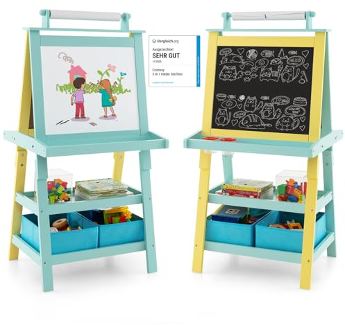 COSTWAY 3 in 1 Kinder Staffelei, Kindertafel doppelseitig, Whiteboard & Kreidetafel & Zeichenpapier, Standtafel inkl. Magneten, 2 Regalebenen Holztafel mit 2 Aufbewahrungsboxen (Blau+Gelb)