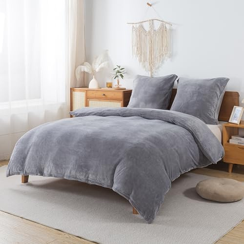 WUMIUER Juego de ropa de cama de peluche, 240 x 220 cm, color gris, set de 3 piezas, para invierno, biber cálido y suave, funda de edredón y 2 fundas de almohada de 80 x 80 cm, con toque de cachemira