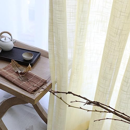 KnSam Gelb Transparente Gardine mit Kräuselband, Leinen-Effekt Transparente Schlaufen Gardinen aus Voile Polyester, 137x214CM(BxH)
