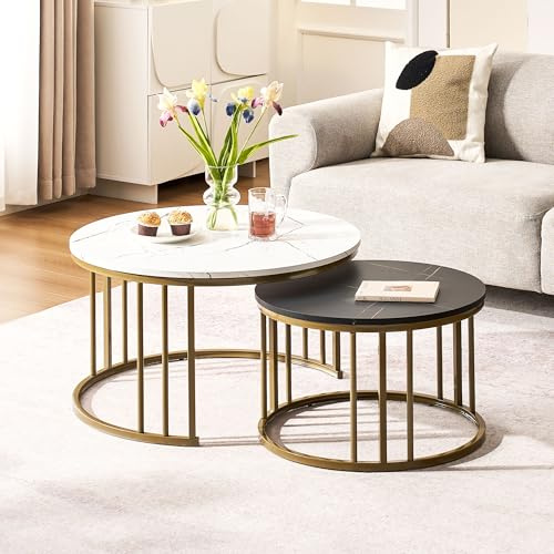 CLIPOP Round Coffee Table for Living Room Modern Nest of Tables Set of 2 with Golden Metal Frame Marble Effect Tabletop, Side Table for Small Space, White Black 80 x 80 x 45cm