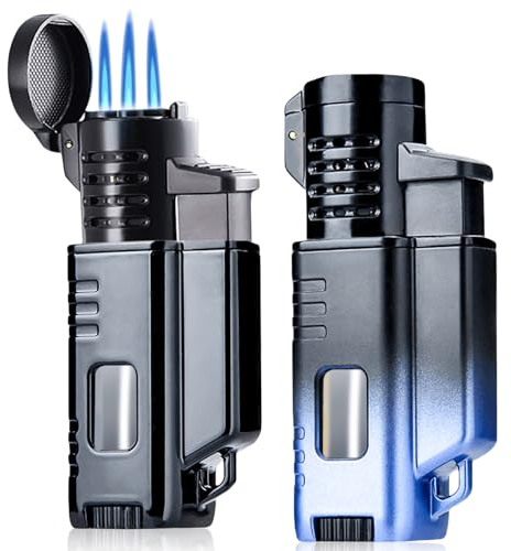 2 Stück Triple Jetflamme Feuerzeug, Gasfeuerzeug Jetflame Sturmfeuerzeug mit Schutzabdeckung Jet Sturmfeuerzeug, Metall Winddichtes Tragbares Aufblasbares Feuerzeug für Männer und Vater(ohne Gas)