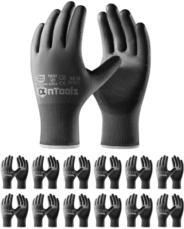 antools 12 Paar Graue Sicherheits-Arbeitshandschuhe – Rutschfeste PU-Beschichtung, Hautfreundlich & Atmungsaktiv, Für Allgemeine Arbeiten & Gartenarbeit, Unisex, Gr. 8/M