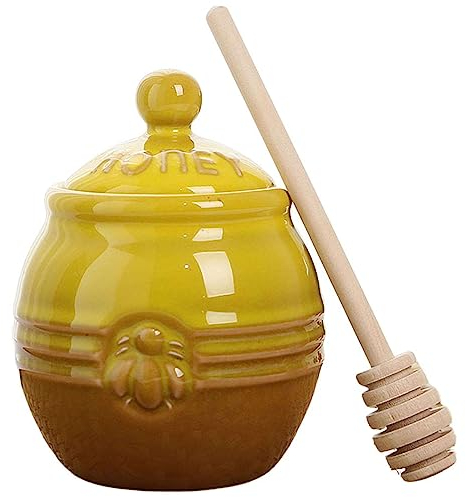 Glass Storage Jars,Mini Honey Jars 8 Oz With Wooden Dipper, Rustic Ceramics Honey Pot For Store Honey And Syrup-Ⅰ-9.3 * 12cm (Color : A)