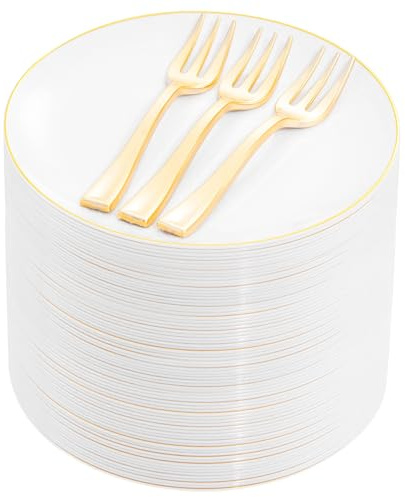 Festiva 200Pcs Gold Dessert Plates 6.3 with Forks 5- Small Disposable Dessert/Appetize/Cake Plates Plates- serve 100 guests include 100Plates 100Forks for Wedding &Birthday Party & Outdoor