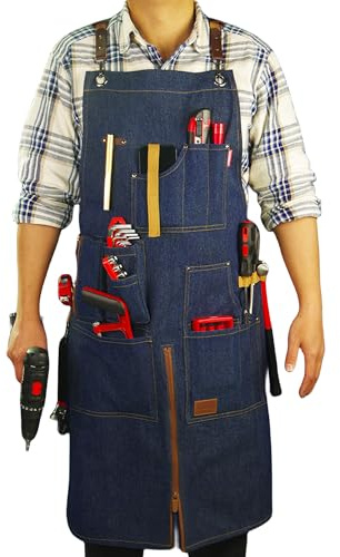 Stenffy Work Apron, Canvas, Adjustable Weight, Tool Aprons with Multiple Pockets, Adjustable Zipper, Metal Ring, Tape Measure Clip for Men Women 27In*36In (Denim)