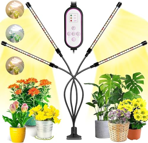 Garpsen Pflanzenlampe Led, 80 LEDs Grow Lampe, 4 Heads Vollspektrum Led Pflanzenlicht für Zimmerpflanzen mit Auto ON & Off Timer 4/8/12H, 3 Arten von Modus, 10 Helligkeitsstufen