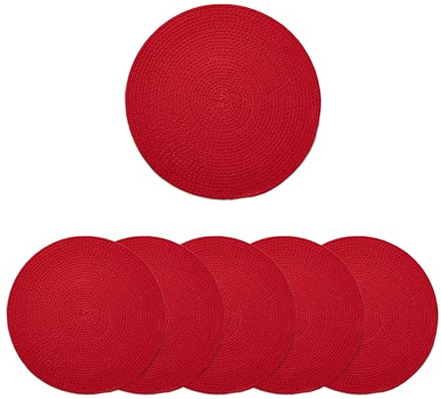 Encasa XO Esszimmer - Tischsets Set aus 6 | Runde Baumwoll-Platzsets - 33 cm Durchmesser | Rot | Handgefertigter Rippstil