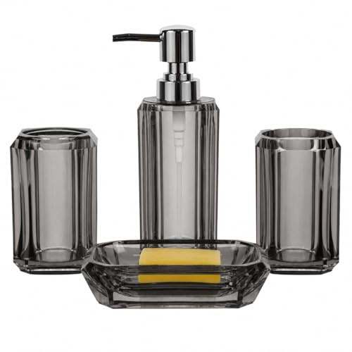 LGURT 4-teiliges graues Badzubehör-Set – Spender, Schale, Tasse und Halter | Acryl, glänzendes, neutrales Dekor, leicht zu reinigen, Waschtisch-Arbeitsplatte, Geschenk bereit zum Einzug