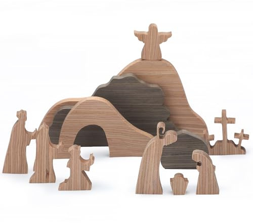 Colingmill 12 Pcs Empty Tomb Easter Scene and Cross Decorations Wooden Easter Resurrection Scene Christian Cross Figures Jesus Nativity Decor for Religious Home Office Church Tabletop Christian Gifts
