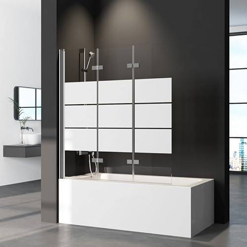 Duschwand für Badewanne Faltbar Duschabtrennung 130x140cm Badewannenaufsatz, 3-Teilig Faltwand Duschtrennwand mit Gestreift, Badewannenfaltwand aus 6mm ESG Sicherheitsglas Dusche Chrom
