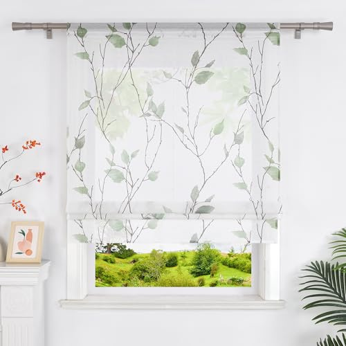 Heichkell Raffrollos ohne Bohren Transparente Raffgardine Gardine mit Blätter Druck Elegant Vorhang Raffrollo mit Tunnelzug Grün BxH 80x140 cm