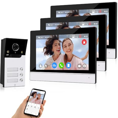 QTTYELOK 7 Pouces WiFi Vidéo Sonnette Interphone Système 1080P HD 120° Caméra IR Vision Nocturne avec 3 Moniteurs pour 3 Maisons/Appartements, Enregistrement, Déverrouillage de l'app Tuya