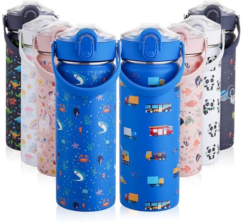 Autsel 550ml Trinkflasche Kinder Edelstahl mit Strohhalm und Griff, BPA-frei, Kohlensäure Geeignet, Schule Jungen/Mädchen für Kindergarten
