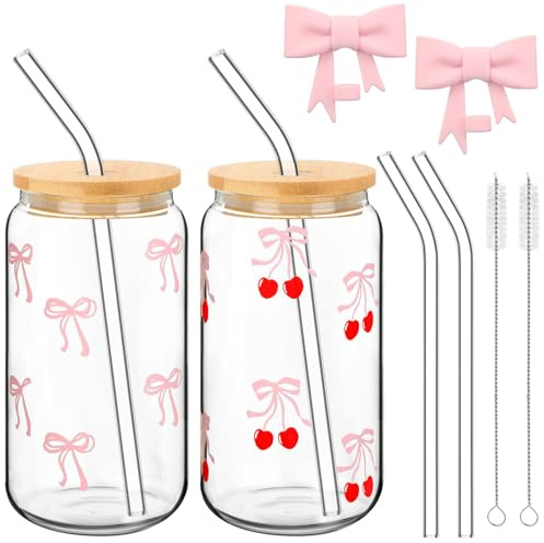 Hebterrka Clean Girl estetiskt glas med lock och sugrör, 2 stycken dricksglas set med söt rosa rosett, inklusive sugrör och rengöringsborste