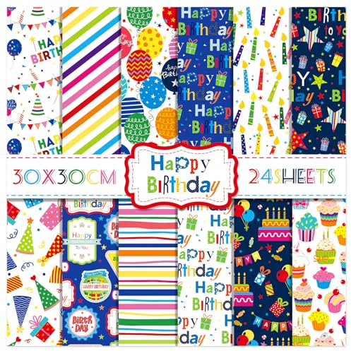 24 Blatt Happy Birthday Scrapbook Papierblock, 160 g/m², strukturiert, doppelseitig, Muster, Planer, Junk-Tagebuch, Bastelpapier, Kartenherstellung, 30 x 30 cm