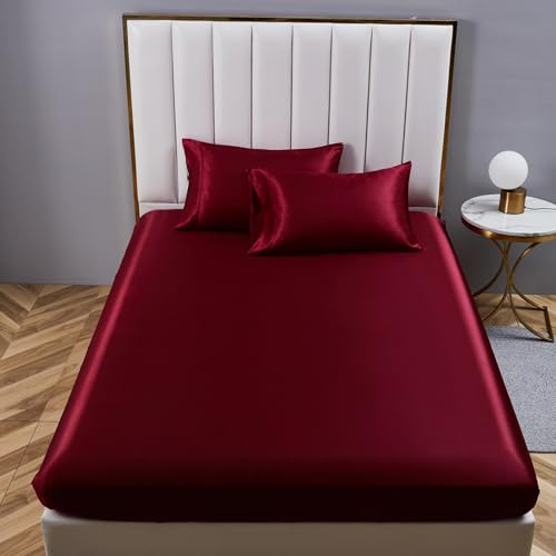 YASMENG Spannbettlaken, 200 x 200 cm, Satin, Weinrot, einfarbig, Umschlag 30 cm, seidig, glänzend, Luxus, Seide, Bettlaken aus Seidensatin, Polyester, weich, glatt, atmungsaktiv, für dicke Matratzen
