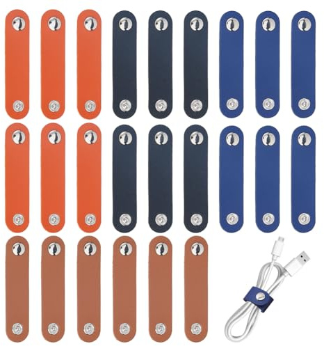 DICOSMETIC 24Pcs 4 Colors Snap Leather Strap Leather Ties Straps Cord-Organizers Earphone Cable Straps USB Holder Cord Keeper Cord Holder Snap for Storing Charging Cable Headphone Cable