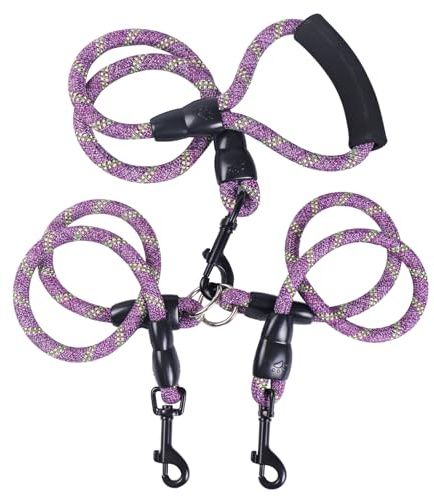 Laisse double pour chien, laisse réfléchissante robuste avec poignées rembourrées, double séparateur de chien, dressage confortable pour 2 chiens de taille moyenne et grande (violet)