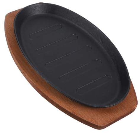 Warmhm Plaque à Steak En Fonte 25 Cm Avec Plateau En Bois, Poêle à Griller Robuste Antiadhésive, Plat De Service Chaud Pour Cuisson Steak, Restaurant Et Usage Domestique